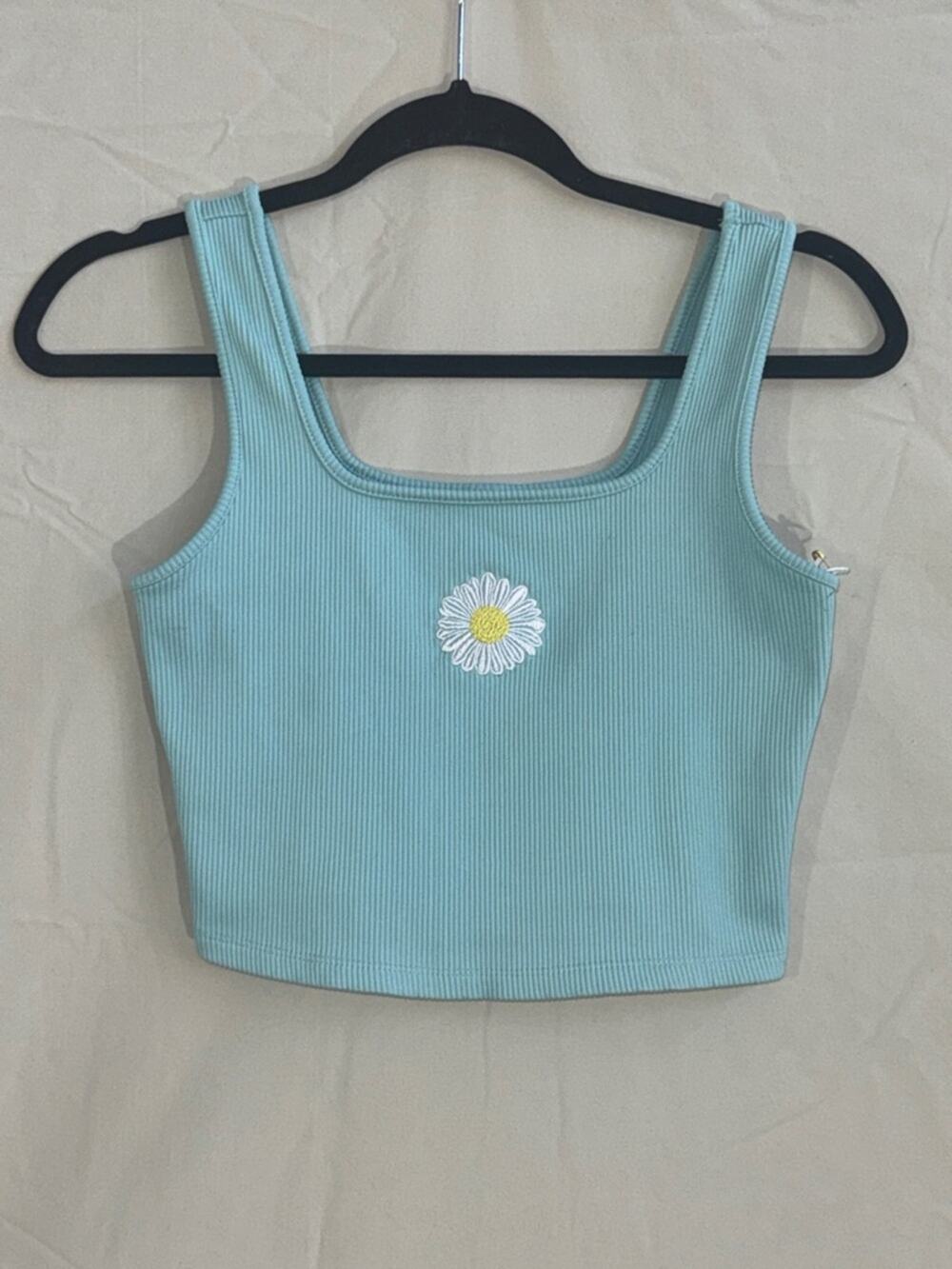 Target Light Mint Ribbed Daisy Embroidered Crop Top